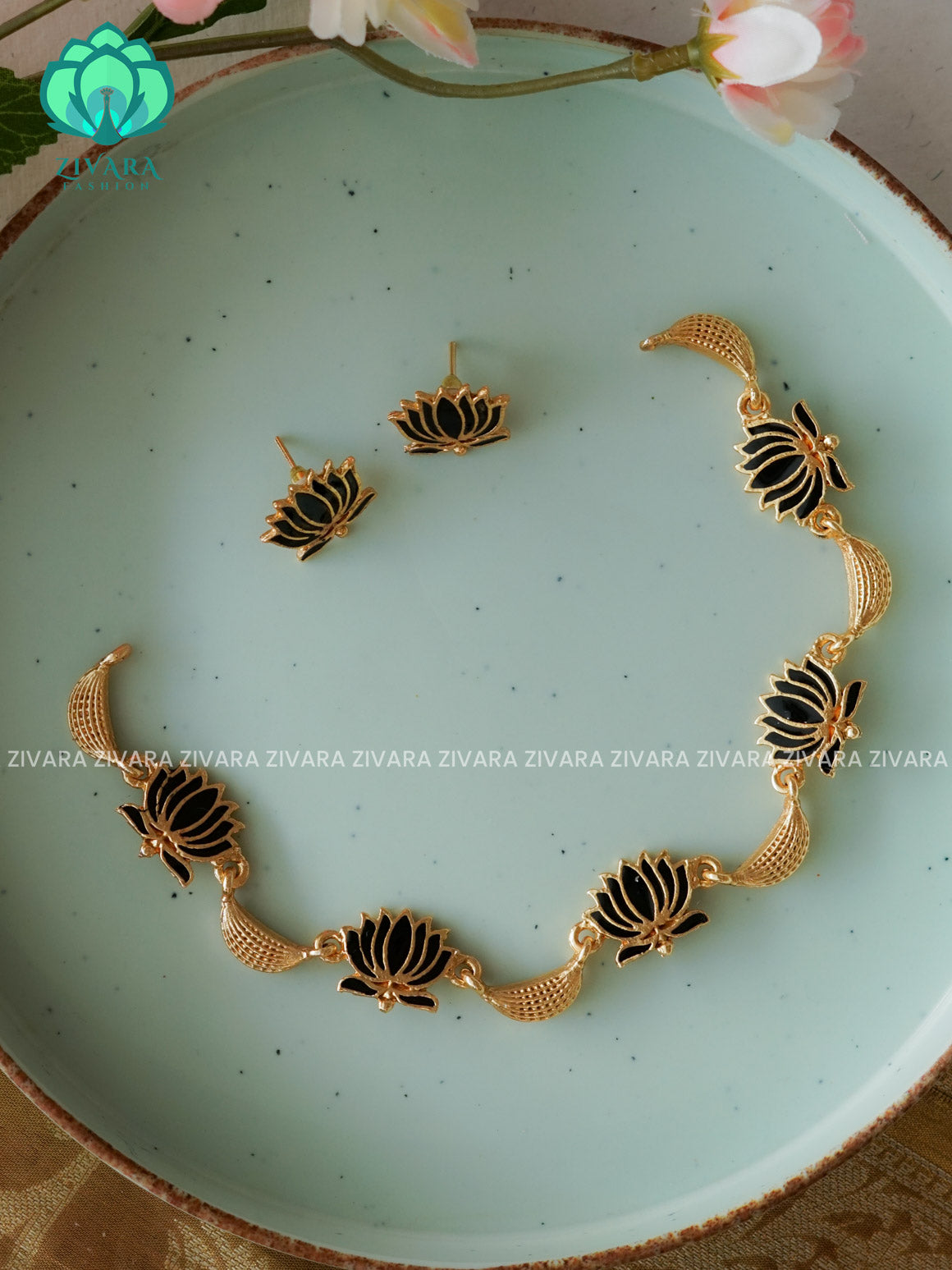 MANJU WARRIER  inspired Trending BLACK NORMAL MATTE lotus enamel neckwear with earrings- Zivara Fashion- latest jewellery design
