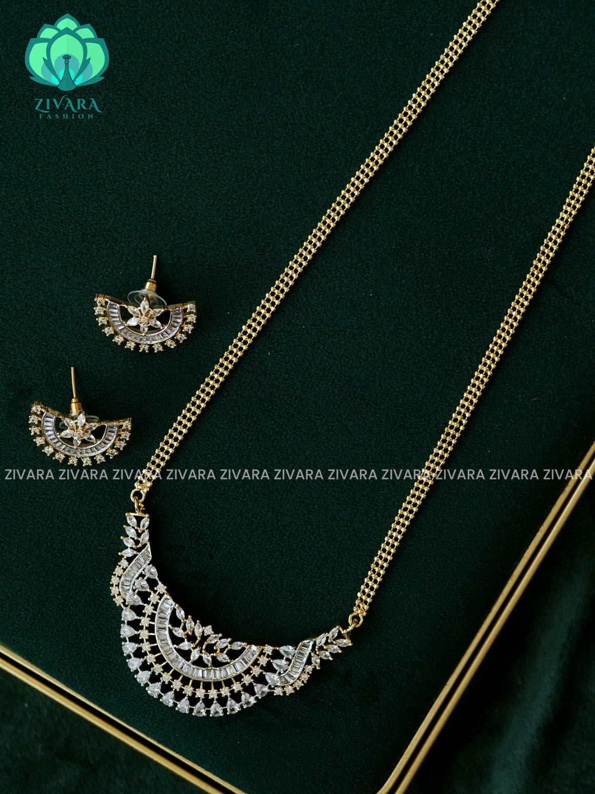 WHITE STONE FLEXIBLE CHAIN  - RHODIUM polish long haaram/neckwear with earrings- Zivara Fashion