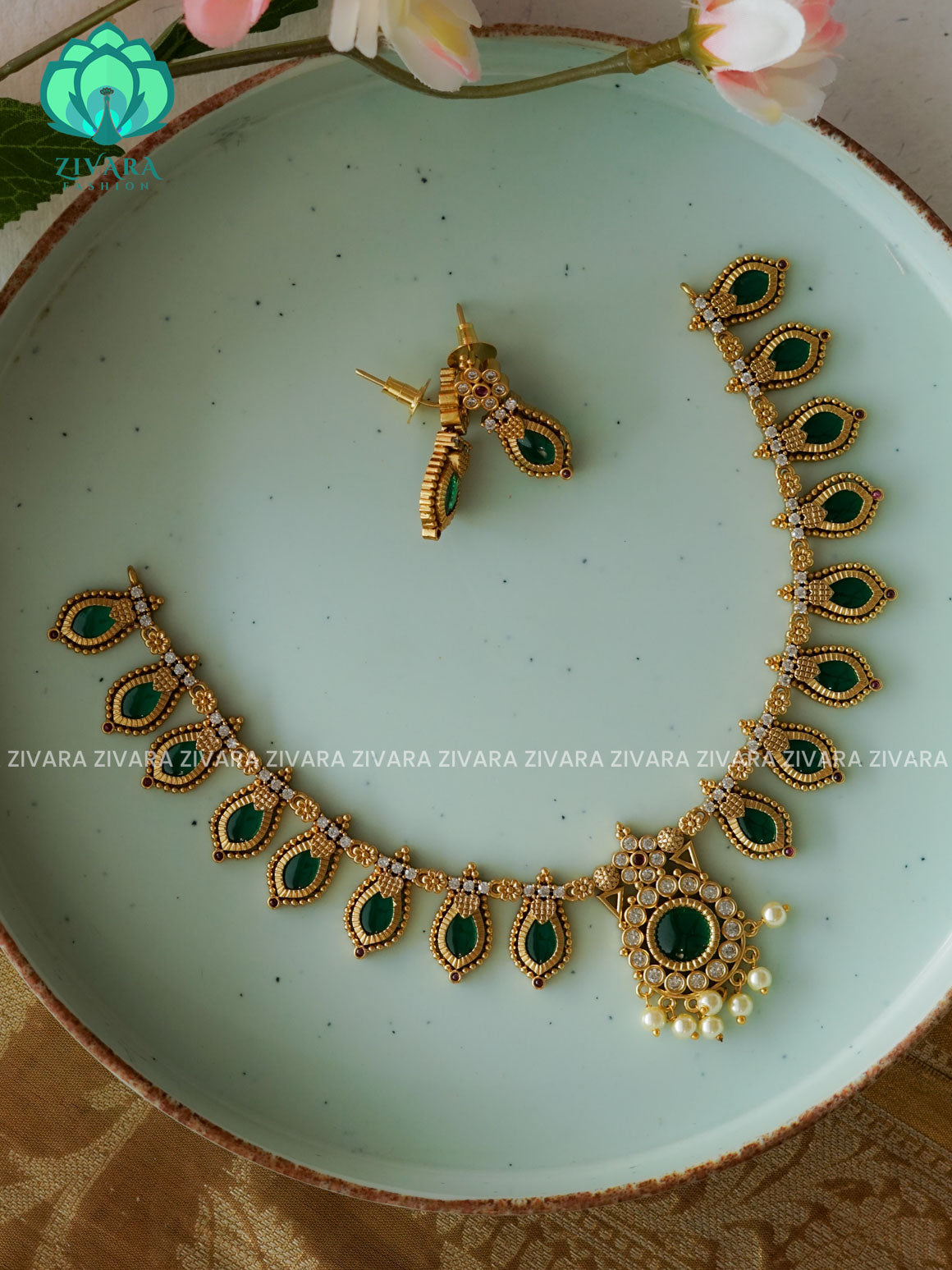 ANANYA SERIES - GREEN PALAKKA Flexible- Traditional south indian NORMAL MATTE neckwear with earrings - Zivara Fashion