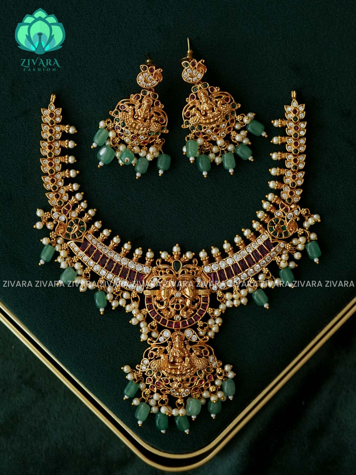 AKSHAYAM - REAL KEMP TEMPLE BRIDAL HASLI  neckwear with green beads hangings  with earrings- Zivara Fashion