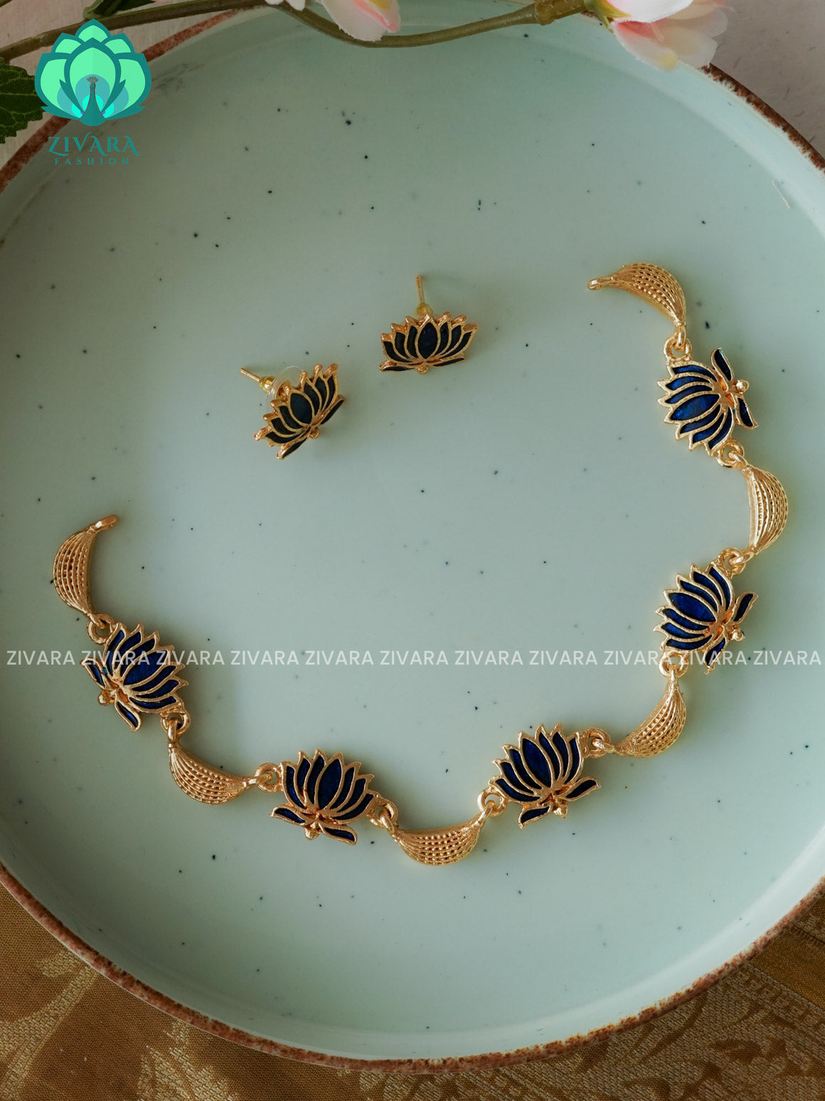 MANJU WARRIER  inspired Trending DARK BLUE NORMAL MATTE lotus enamel neckwear with earrings- Zivara Fashion- latest jewellery design
