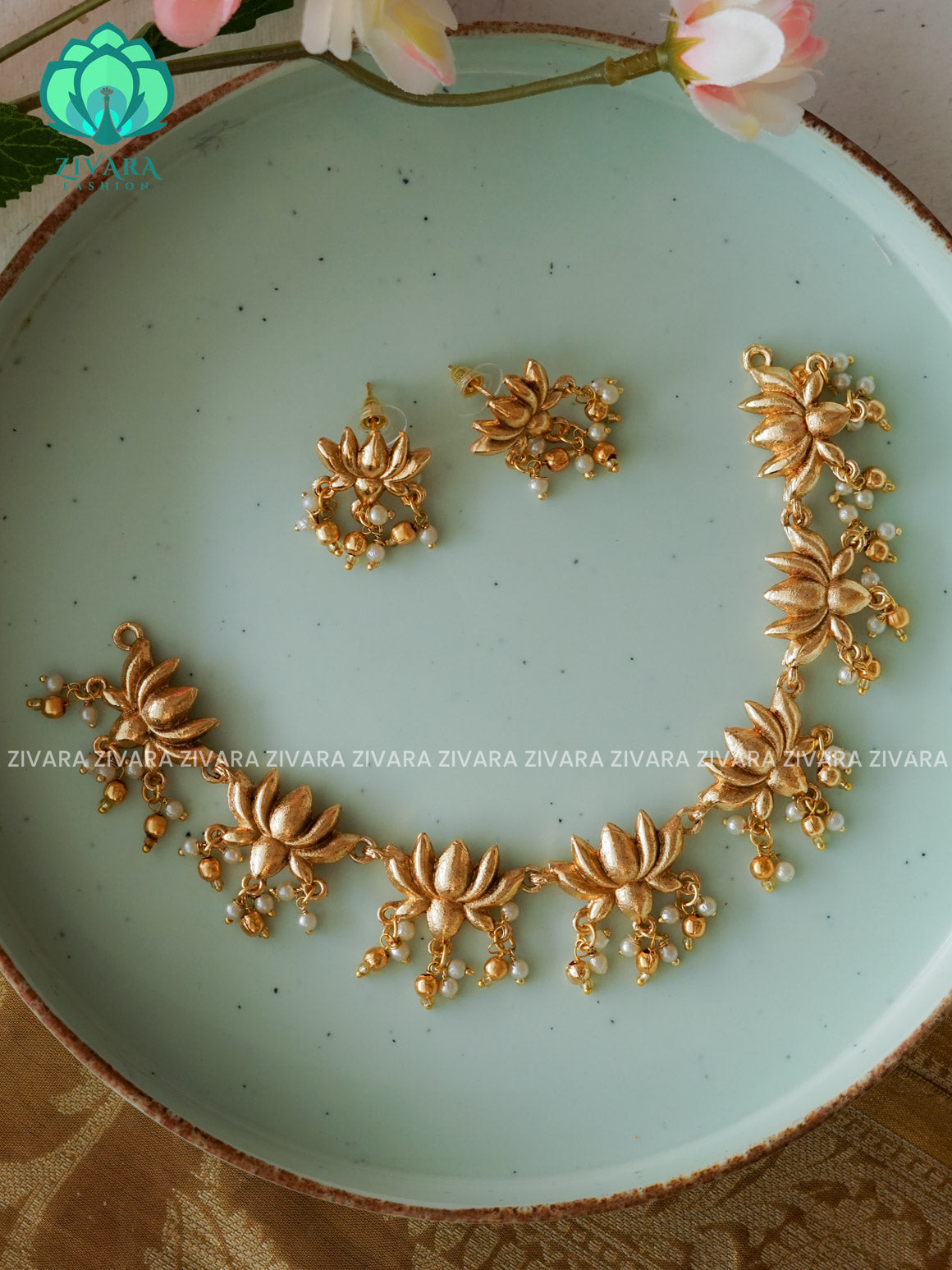 MANJU WARRIER  inspired Trending GOLD NORMAL MATTE lotus enamel neckwear with earrings- Zivara Fashion- latest jewellery design