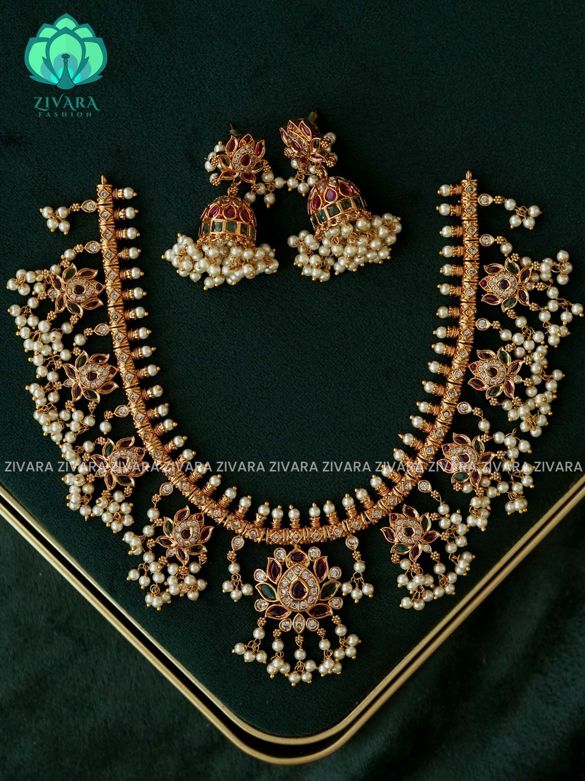AKSHAYAM - LOTUS GUTTAPUSALU  -  PREMIUM SUBTLE GOLD FINISH with earrings- Zivara Fashion