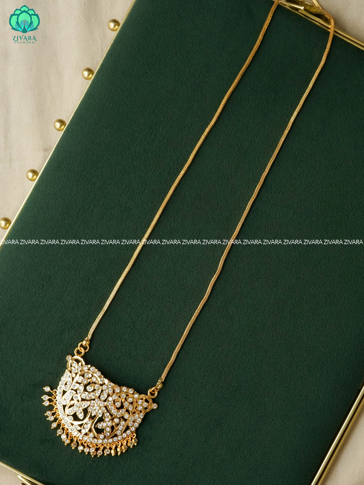 AMBIGAI - WHITE STONE FLOREAL MICROGOLD POLISH WITH LONG CHAIN -Traditional south indian premium HAARAM- Zivara Fashion