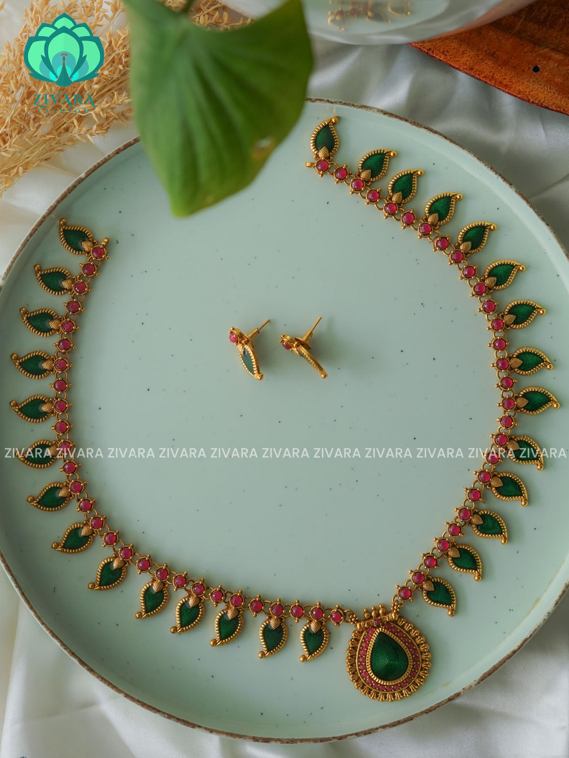 ANANYA SERIES - DARK GREEN MANGO PALAKKA - Traditional normal MATTE polish MIDCHEST haaram/neckwear with earrings- Zivara Fashion