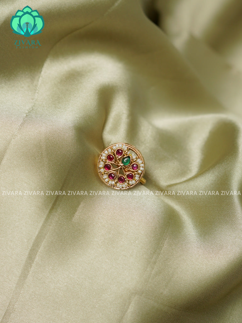 RED AND GREEN FLOWER - TRENDING BRIDAL ADJUSTABLE GOLD FINISH RINGS- ZIVARA FASHION-LATEST JEWELLERY DESIGNS