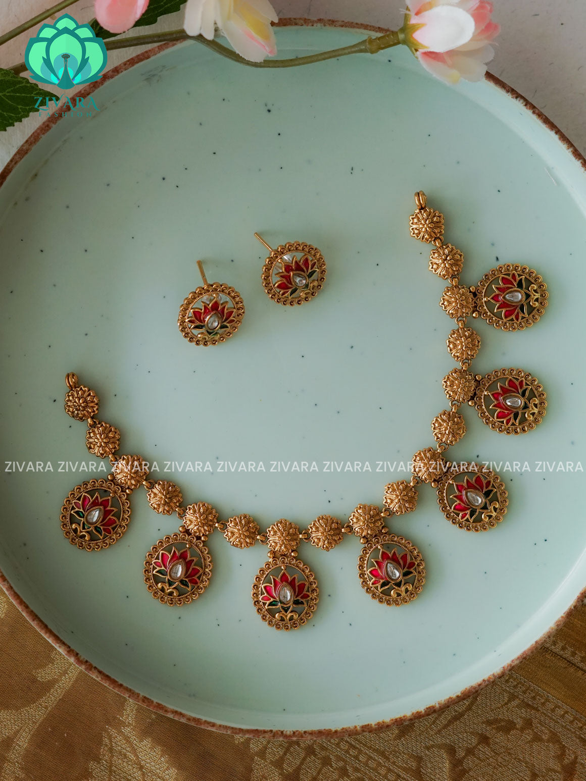 MANJU WARRIER PINK  Trending NORMAL MATTE lotus enamel neckwear  - Zivara Fashion- latest jewellery design