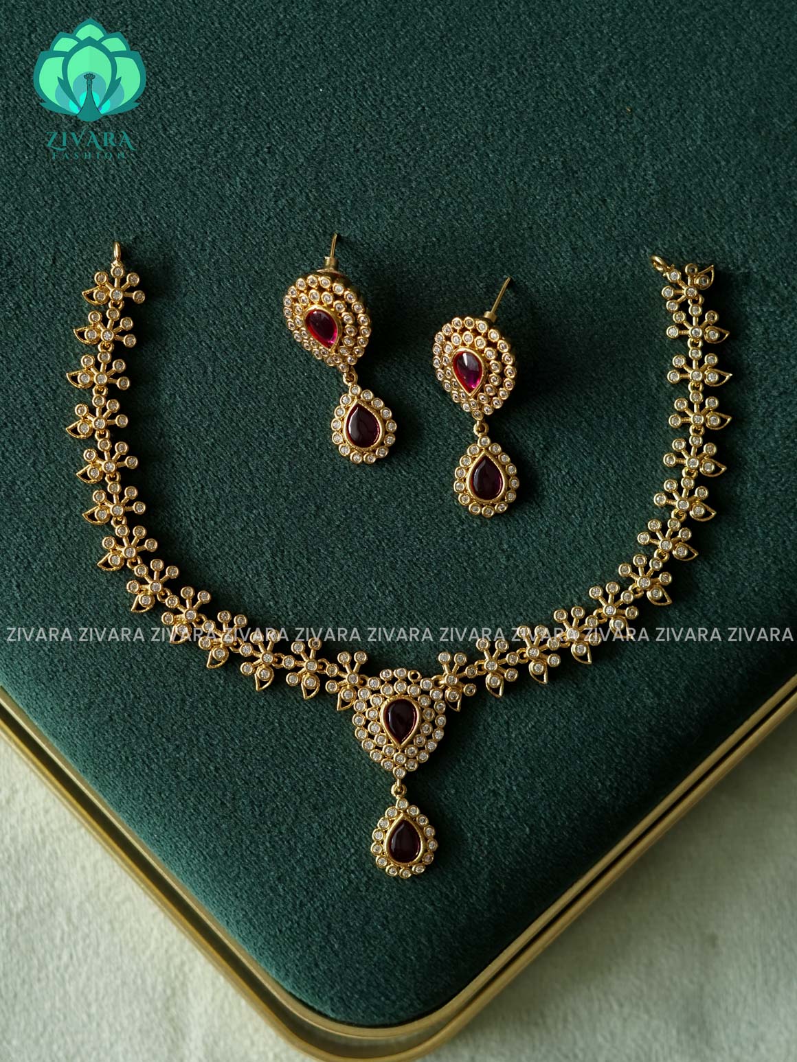 KANYA RUBY FLOWER TEAR -  SUBTLE POLISH stylish and minimal elegant neckwear with earrings- Zivara Fashion