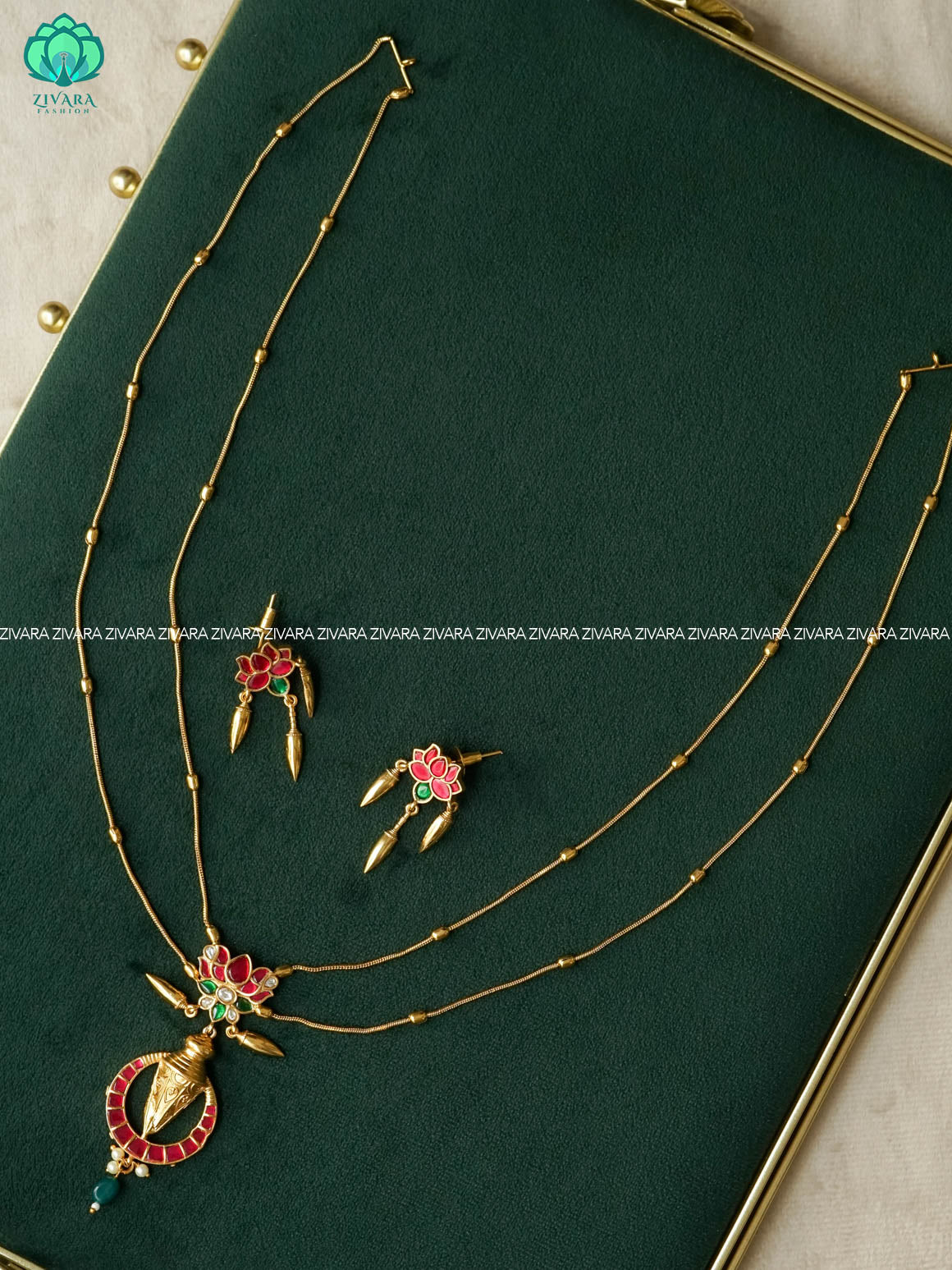 JADAVU LOTUS - DOUBLE LAYER  CHAIN  -Traditional south indian premium neckwear with earrings- Zivara Fashion- latest jewellery design