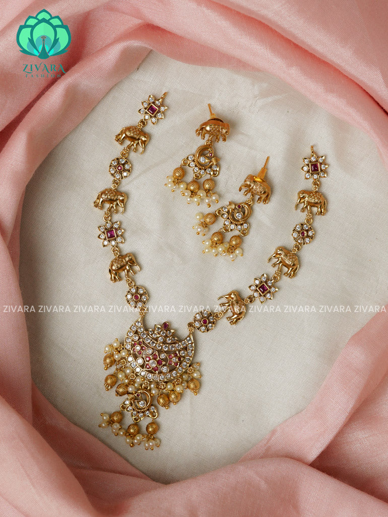 Moon pendant and elephant- Traditional south indian premium neckwear with earrings- Zivara Fashion- latest jewellery design