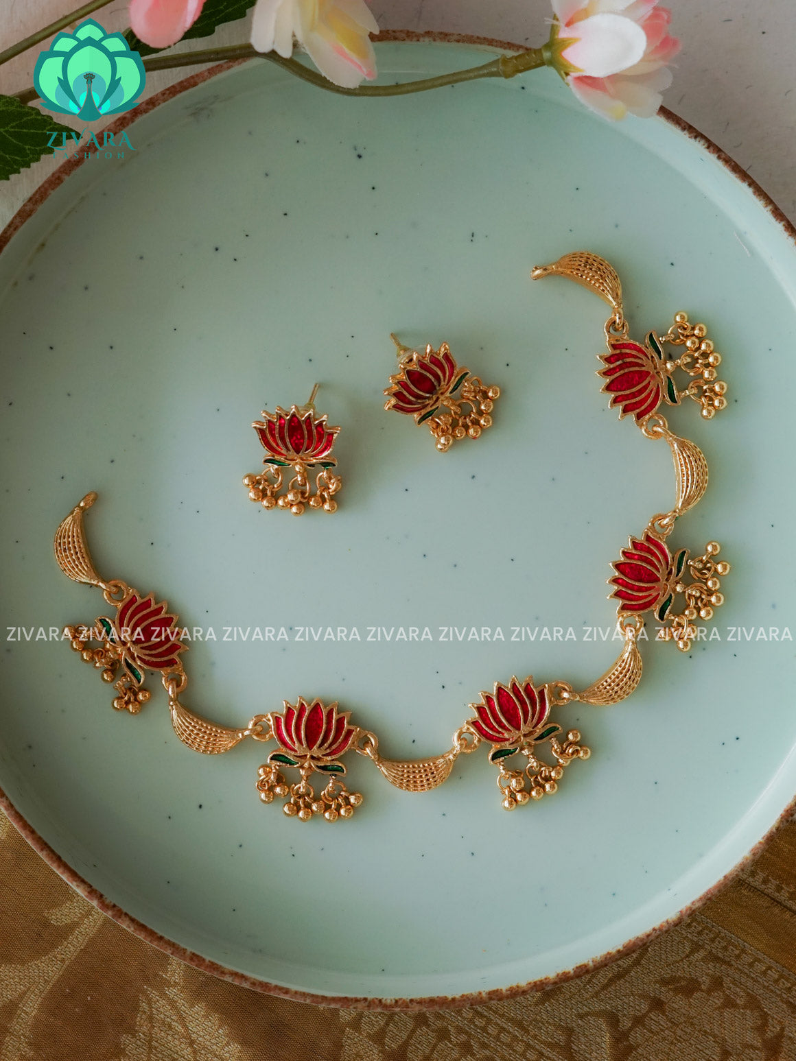 MANJU WARRIER  inspired Trending NORMAL MATTE lotus enamel neckwear with earrings- Zivara Fashion- latest jewellery design