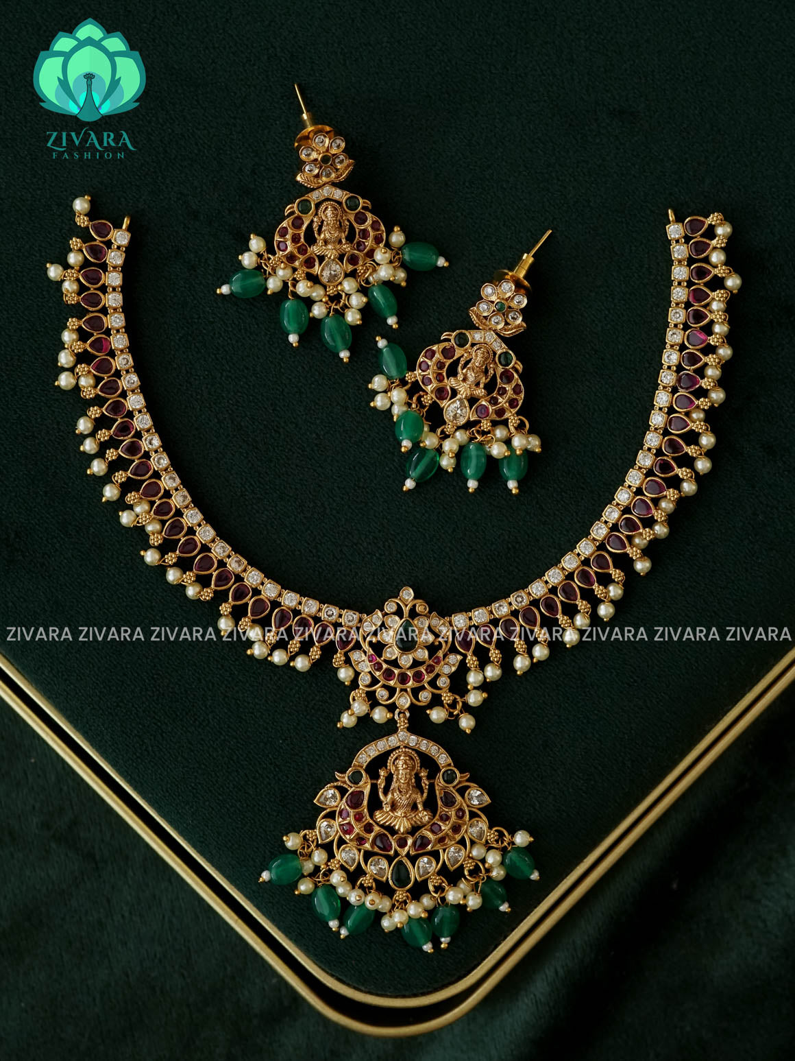 TEMPLE REAL KEMP neckwear with green beads hangings with earrings - Zivara Fashion