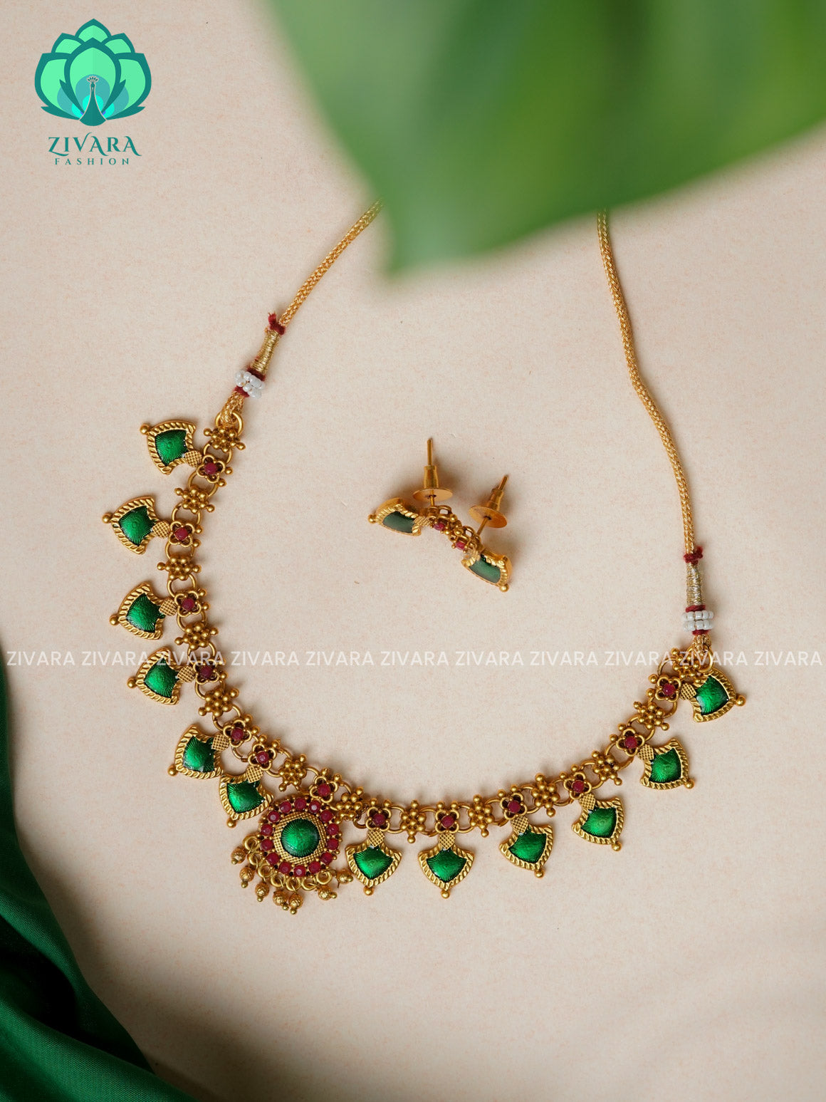 GREEN ENAMEL -Traditional south indian NORMAL MATTE PALLAKAD neckwear with earrings- Zivara Fashion- latest jewellery design