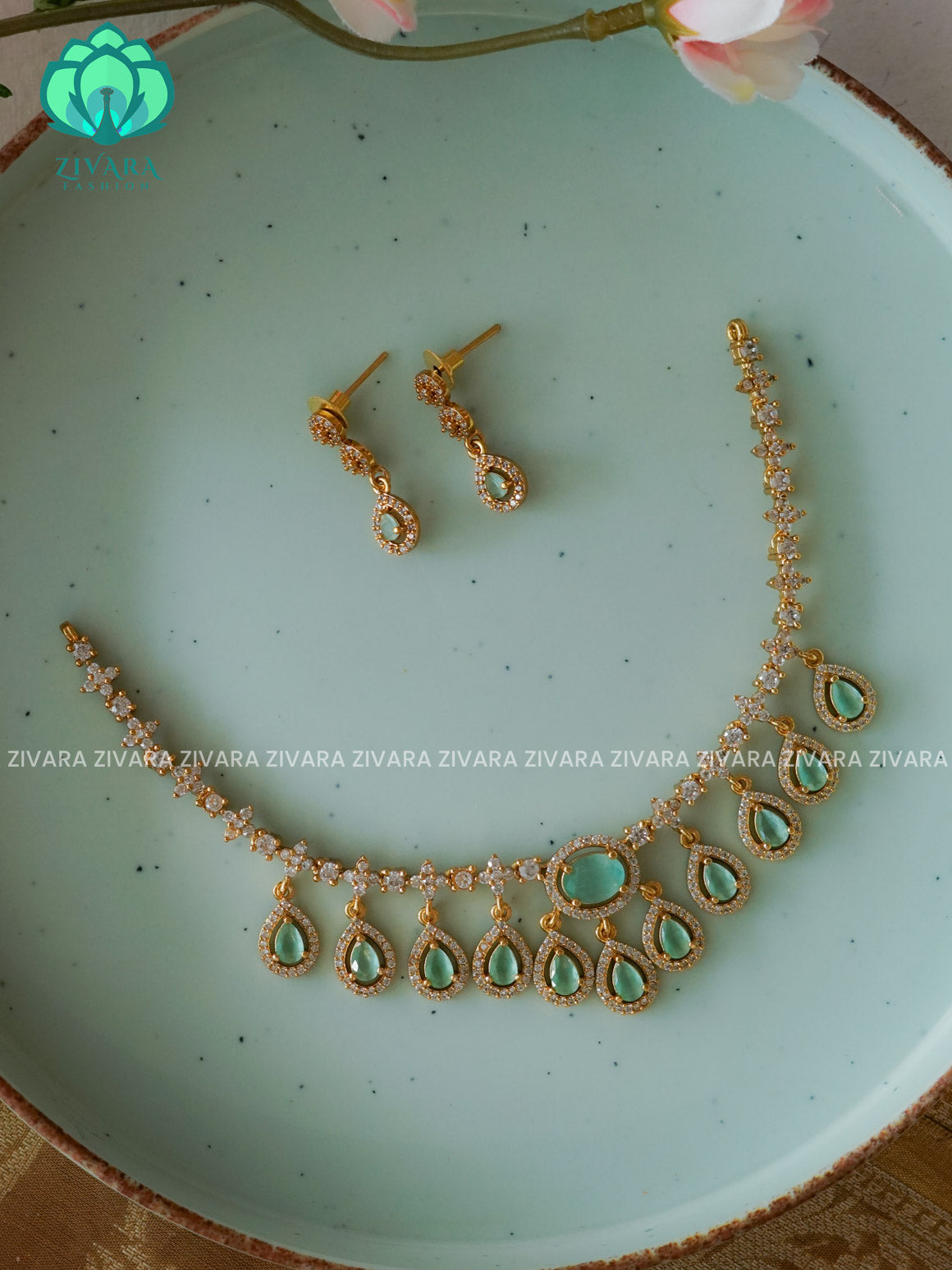 PASTEL GREEN  - Hanging tear - Trending  stylish and minimal elegant neckwear with earrings- Zivara Fashion