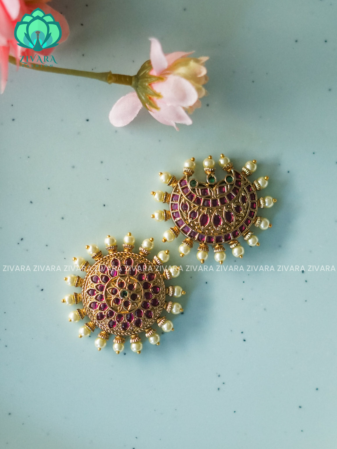 RUBY and GREEN -SUN MOON - SURYA CHANDRA - TRADITIONAL(2 INCHES) REAL KEMP  HAIR ACCESSORIES- ZIVARA FASHION