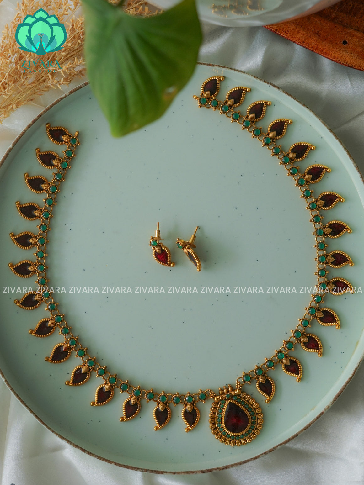 ANANYA SERIES - RED MANGO PALAKKA - Traditional normal MATTE polish MIDCHEST haaram/neckwear with earrings- Zivara Fashion