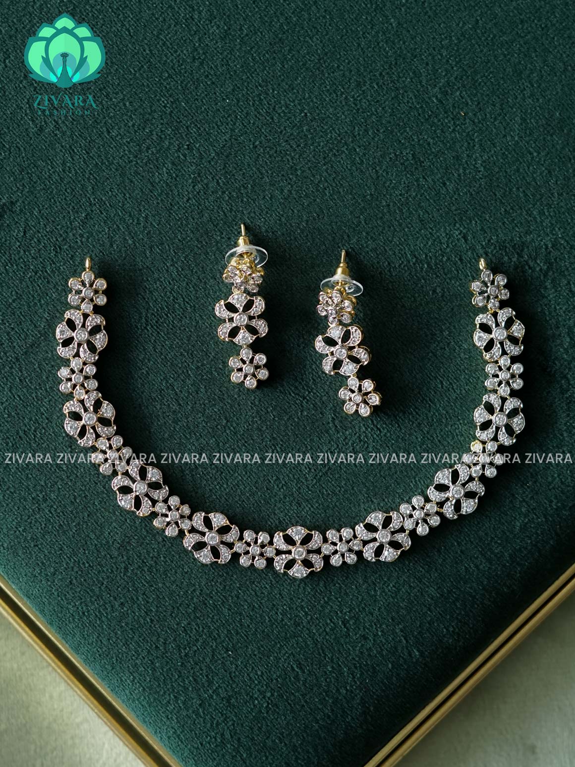 WHITE STONE FLORAL  - AD MICROGOLD POLISH WITH EARRING - Zivara Fashion- latest jewellery design