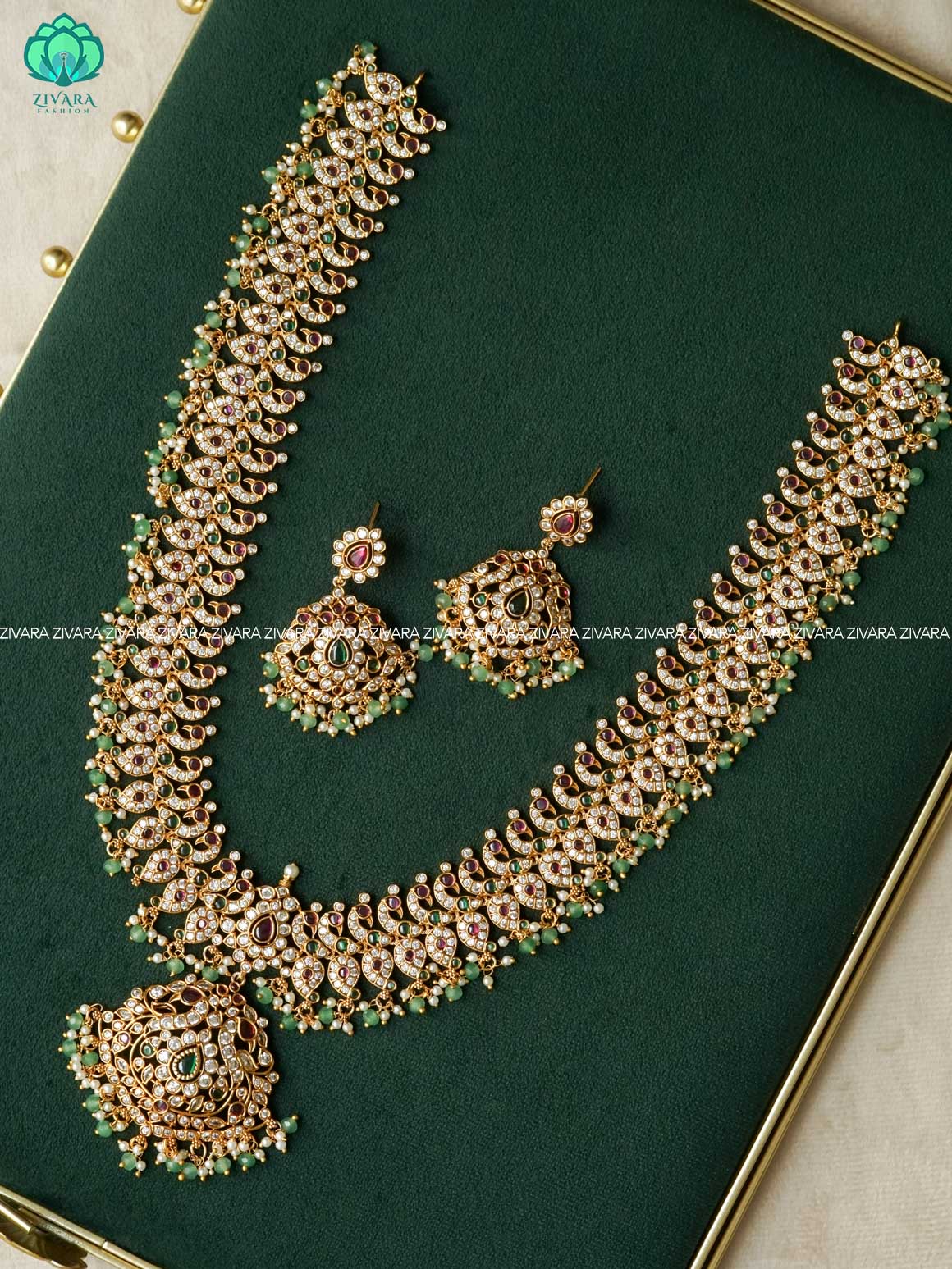 REAL KEMP mango HAARAM WITH GREEN BEADS HANGINGS with earrings  - Traditional PREMIUM MATTE polish MIDCHEST haaram/neckwear with earrings- Zivara Fashion