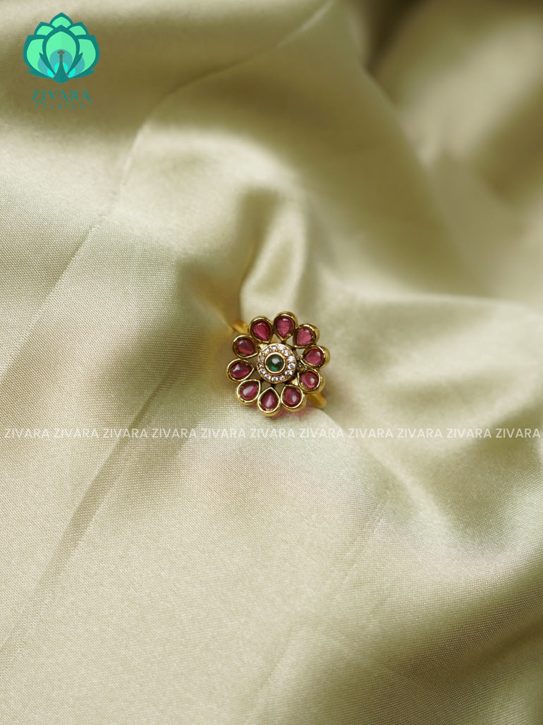 RED AND GREEN FLOWER - TRENDING BRIDAL ADJUSTABLE GOLD FINISH RINGS- ZIVARA FASHION-LATEST JEWELLERY DESIGNS