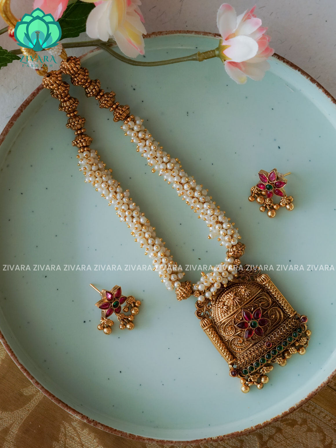 TEMPLE PEARL CLUSTER -Traditional south indian NORMAL MATTE neckwear with earrings- Zivara Fashion- latest jewellery design