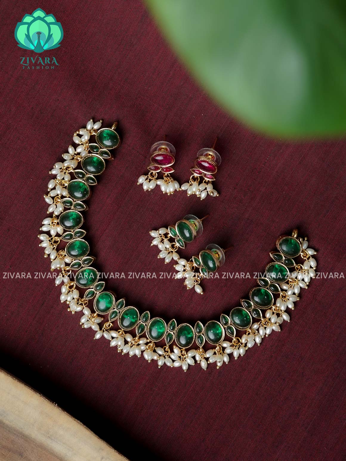 RUBY AND GREEN - REVERSIBLE -NORMAL MATTE neckwear with earrings- Zivara Fashion- latest jewellery desigN