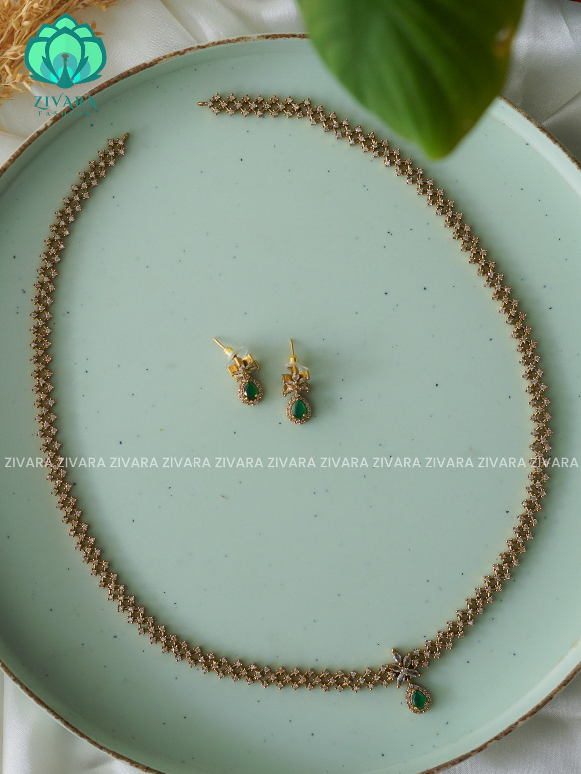 GREEN STONE ELEGANT   - Traditional PREMIUM MATTE polish MIDCHEST haaram/neckwear with earrings- Zivara Fashion