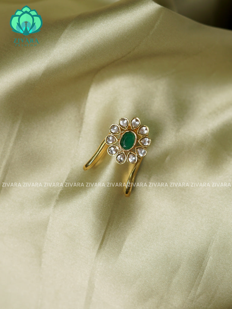 GREEN FLOWER - TRENDING BRIDAL ADJUSTABLE GOLD FINISH RINGS- ZIVARA FASHION-LATEST JEWELLERY DESIGNS