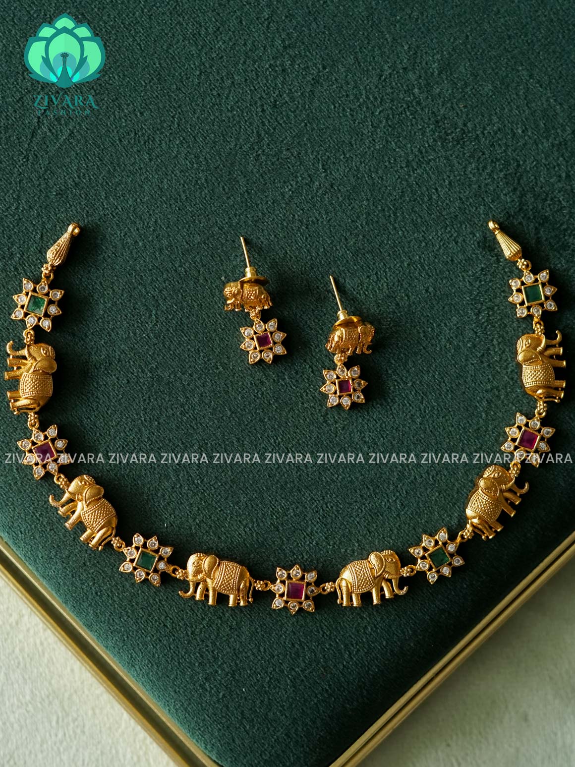 ELEPHANT RUBY AND GREEN STONE FLOWER  - Traditional south indian NORMAL MATTE neckwear with earrings - Zivara Fashion
