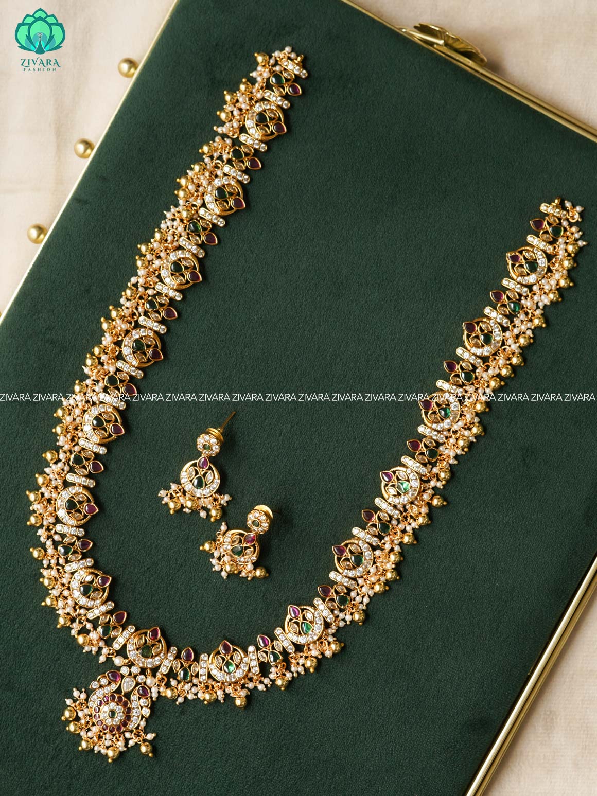 PEACOCK HAARAM WITH BEAD HANGINGS - Traditional PREMIUM MATTE polish MIDCHEST haaram/neckwear with earrings- Zivara Fashion