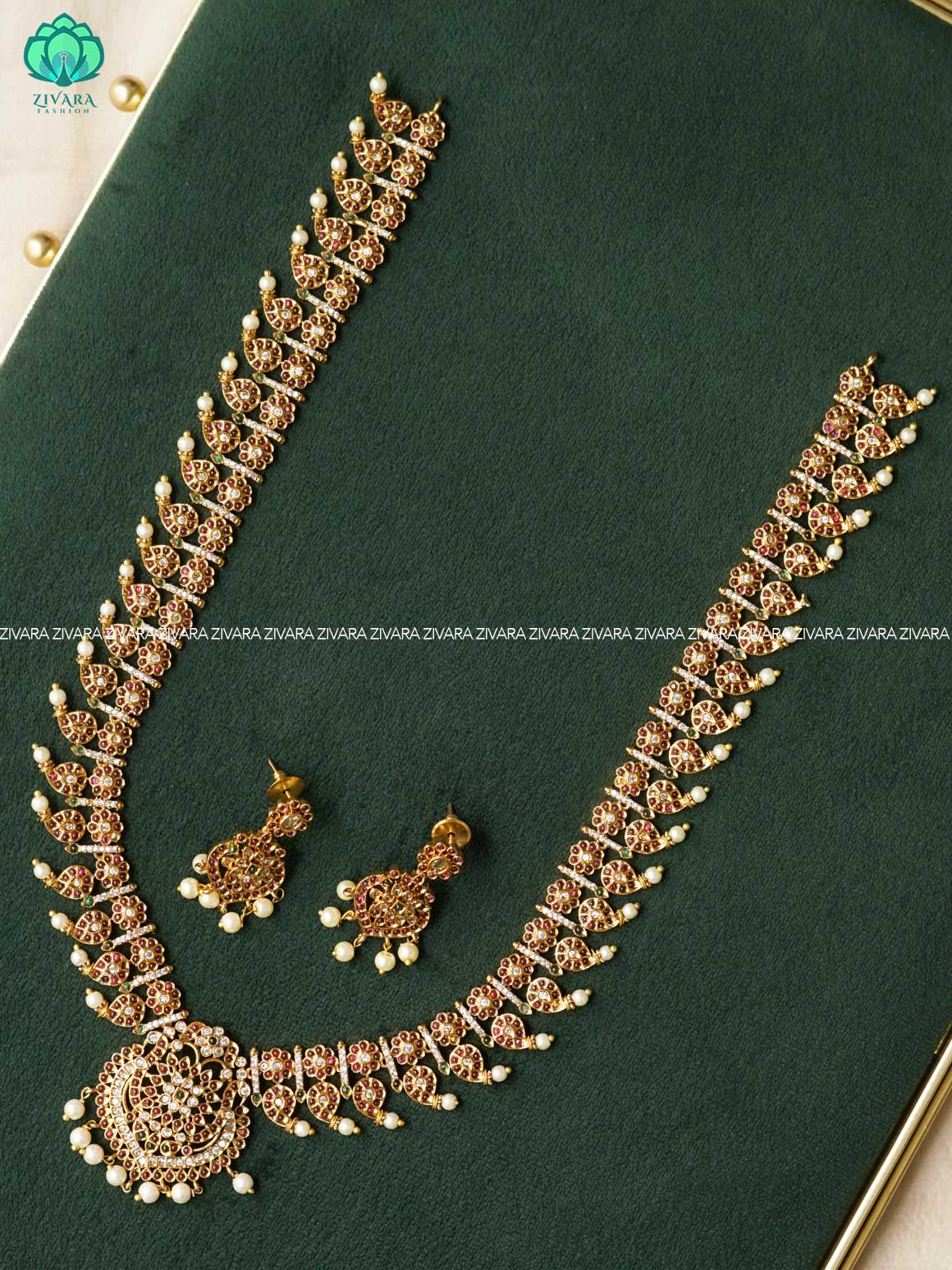 MANGA REAL KEMP BRIDAL HAARAM  - Traditional premium long haaram/neckwear with earrings- Zivara Fashion