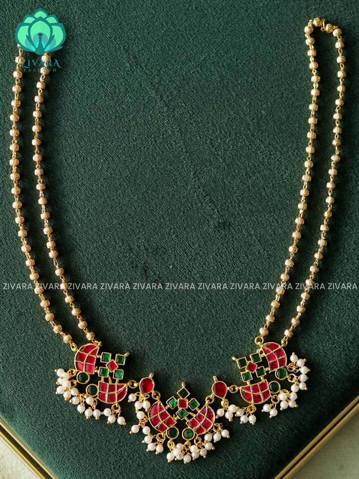 AKSHAYAM - RUBY GREEN STONE JADAU neckwear with pearl hangings - Zivara Fashion - latest jewellery design