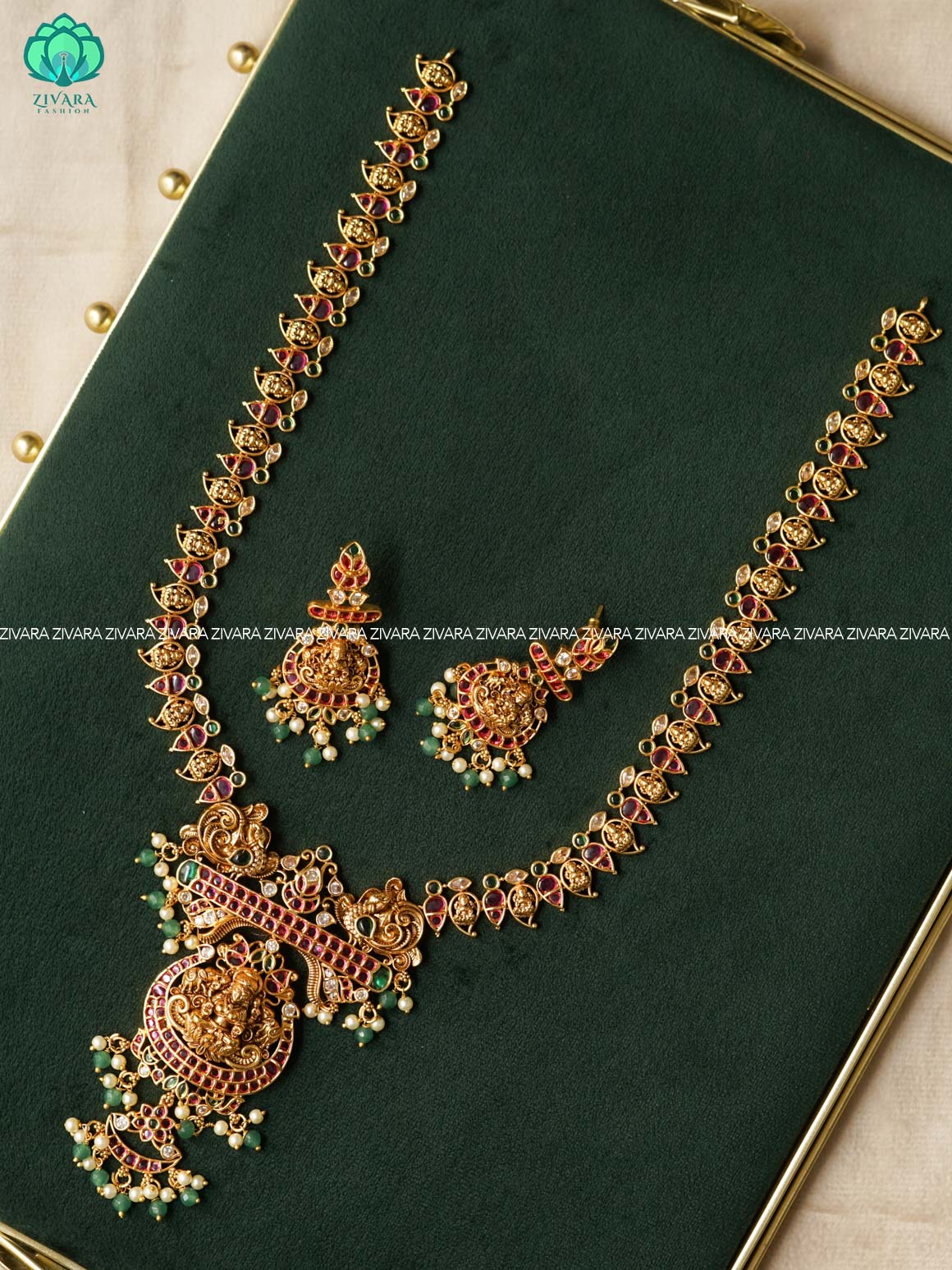 TEMPLE REAL KEMP BRIDAL HAARAM  WITH GREEN BEADS HANGINGS - Traditional premium long haaram/neckwear with earrings- Zivara Fashion