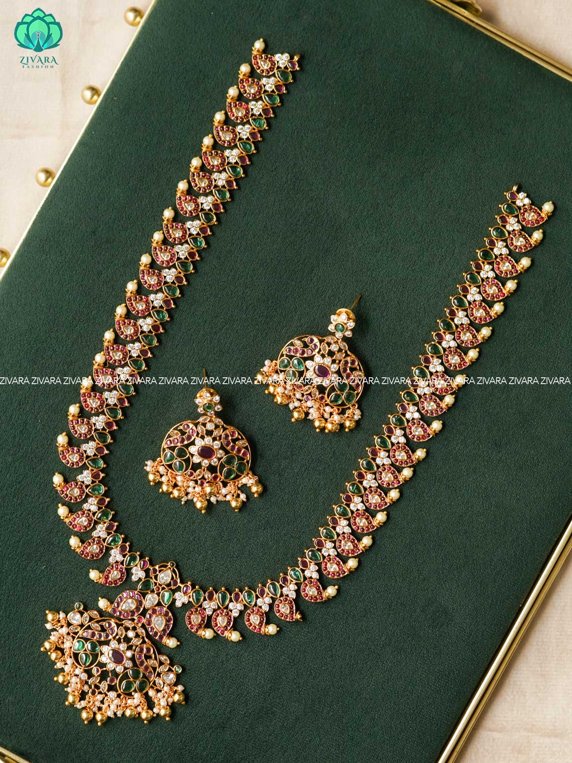 MANGA REAL KEMP BRIDAL HAARAM  - Traditional premium long haaram/neckwear with earrings- Zivara Fashion