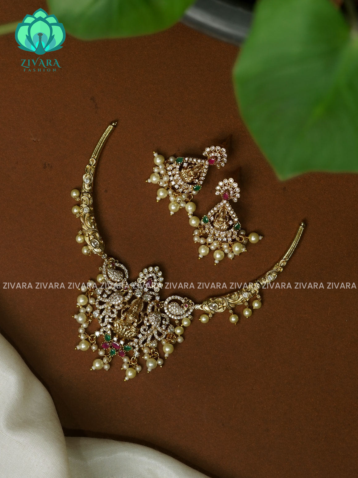 TEMPLE WHITE STONE HASLI   - Traditional south indian premium neckwear with earrings- Zivara Fashion- latest jewellery design