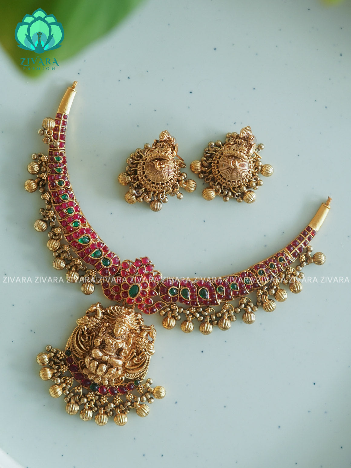 Ruby and green Temple  -Traditional south indian NORMAL matte  neckwear with earrings- Zivara Fashion- latest jewellery design
