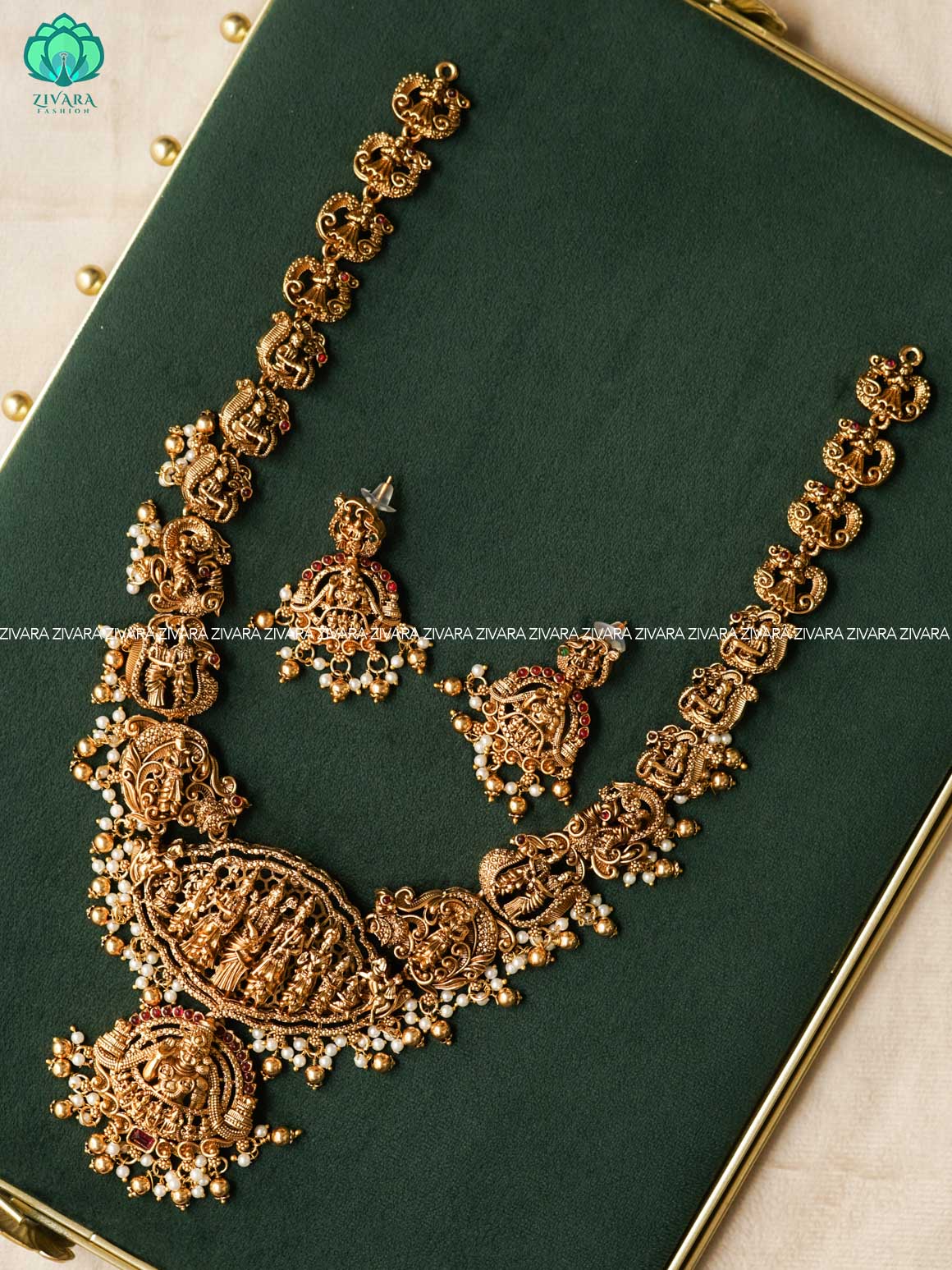 Temple style - Traditional NORMAL MATTE polish MIDCHEST haaram/neckwear with earrings- Zivara Fashion