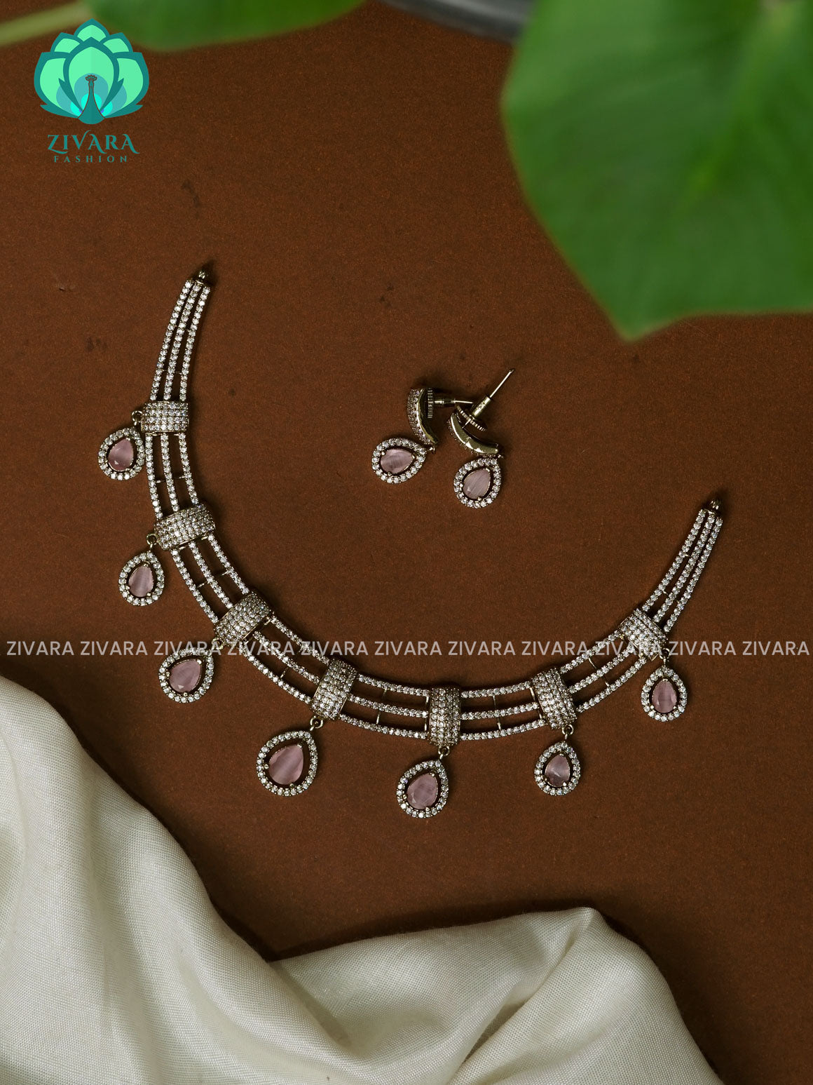 PASTEL PINK   -  BRIDAL SUBTLE GOLD FINISH AD HASLI- Traditional south indian premium neckwear with earrings- Zivara Fashion- latest jewellery design