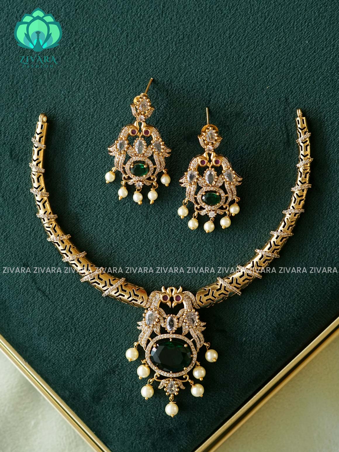 GREEN OVAL PEACOCK HUSLI WITH EARRINGS   - Premium quality CZ Matte collection-south indian jewellery