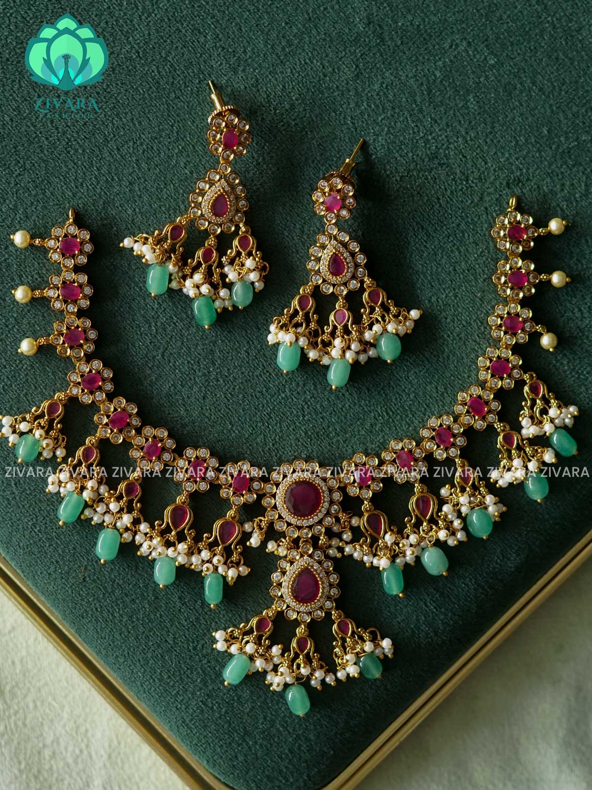 AKSHAYAM - RUBY STONE FLOWER NECKWEAR WITH GREEN BEADS HANGINGS  - Premium quality CZ Matte collection-south indian jewellery