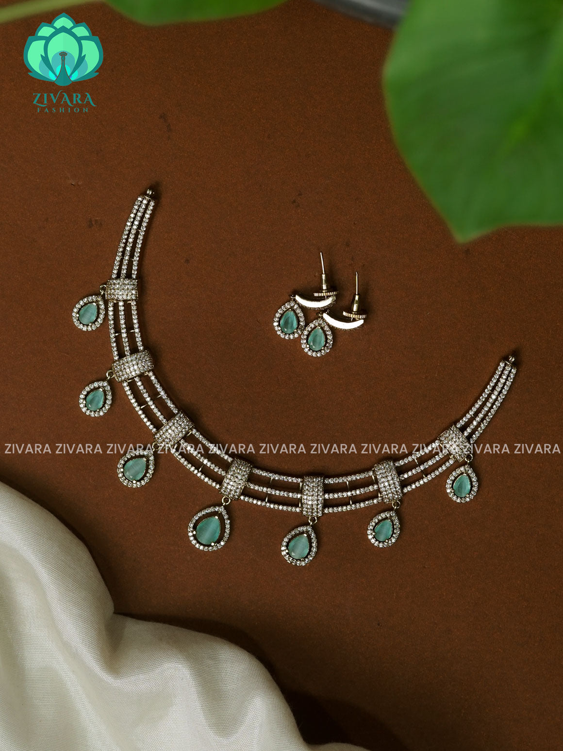 PASTEL GREEN   -  BRIDAL SUBTLE GOLD FINISH AD HASLI- Traditional south indian premium neckwear with earrings- Zivara Fashion- latest jewellery design