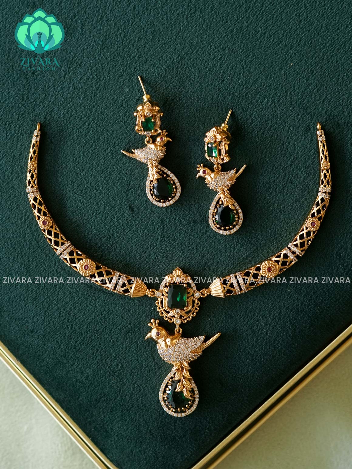 GREEN PARROT HASLI - Traditional south indian premium neckwear with earrings- Zivara Fashion- latest jewellery design