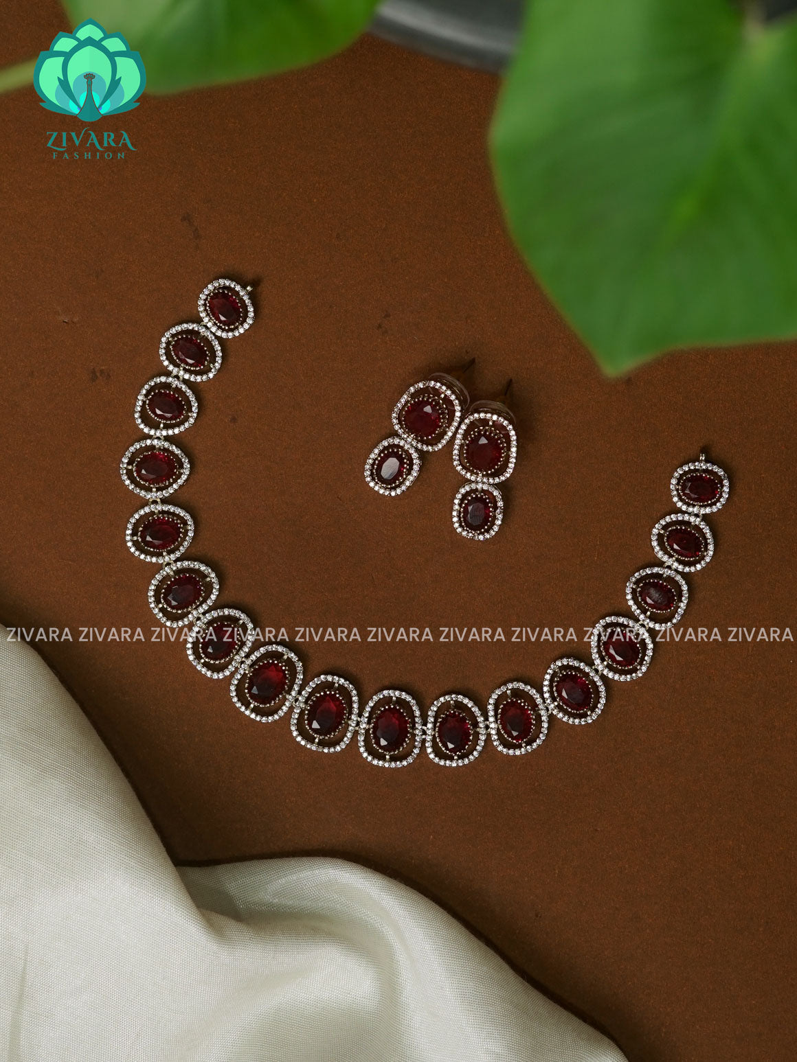 RUBY OVAL STONE -PREMIUM SUBTLE GOLD FINISH  stylish and minimal elegant neckwear with earrings- Zivara Fashion