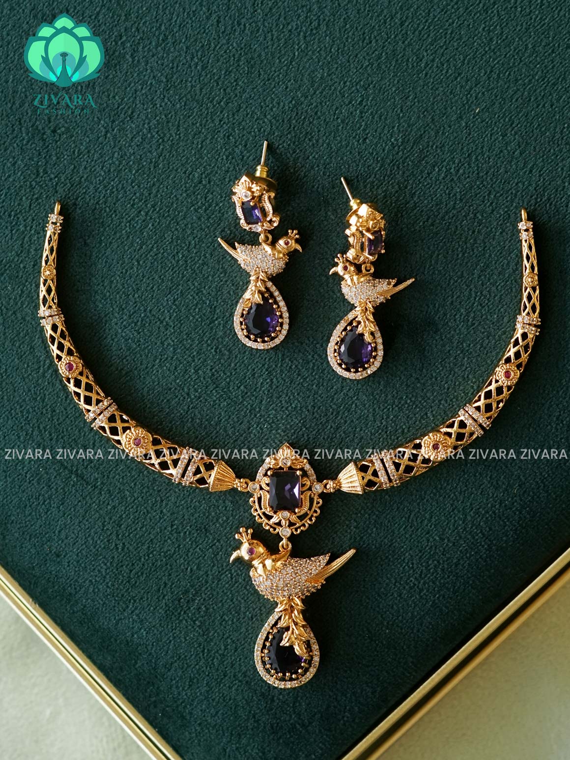 PURPLE PARROT HASLI - Traditional south indian premium neckwear with earrings- Zivara Fashion- latest jewellery design
