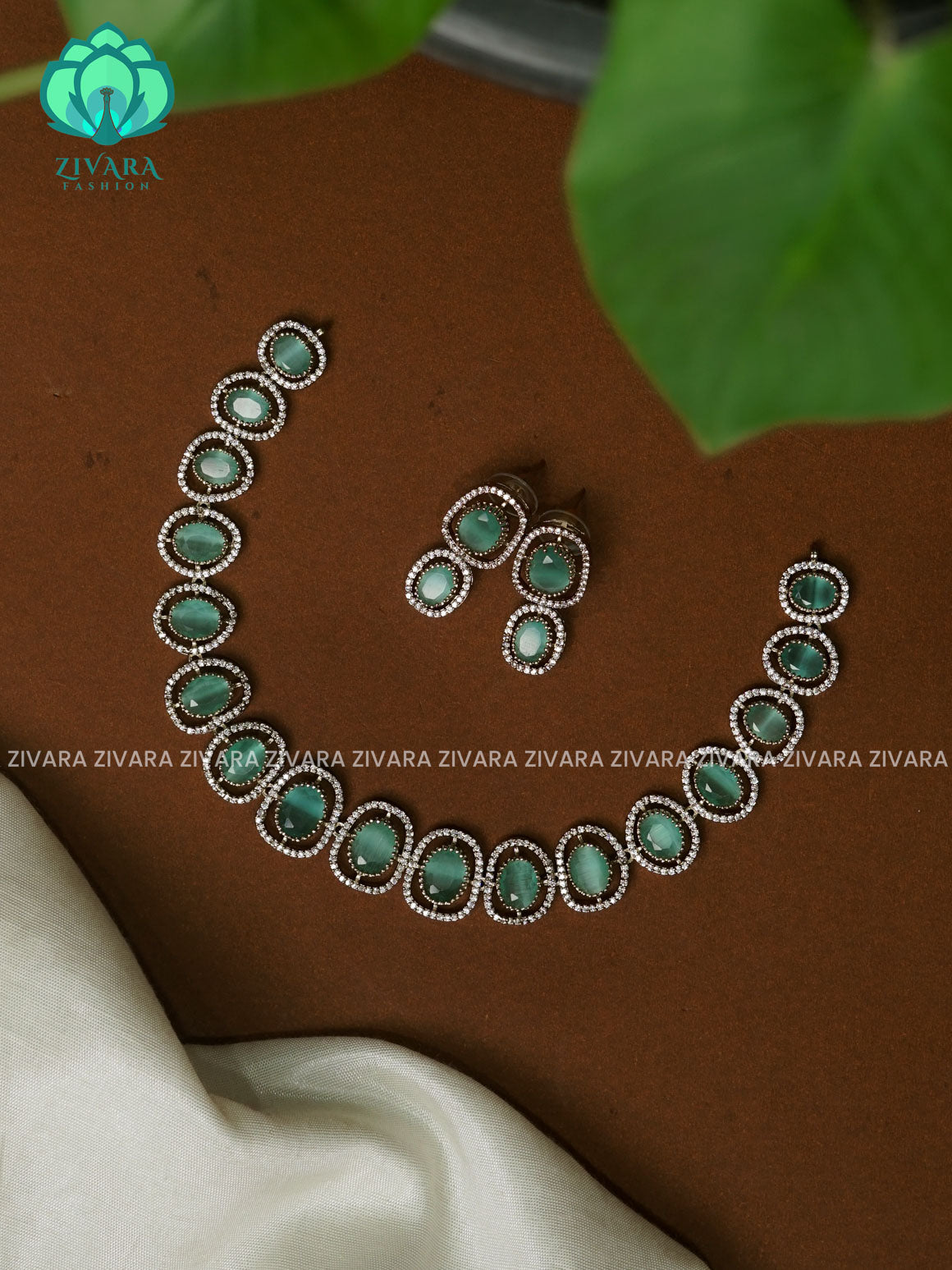 PASTEL GREEN OVAL STONE -PREMIUM SUBTLE GOLD FINISH  stylish and minimal elegant neckwear with earrings- Zivara Fashion