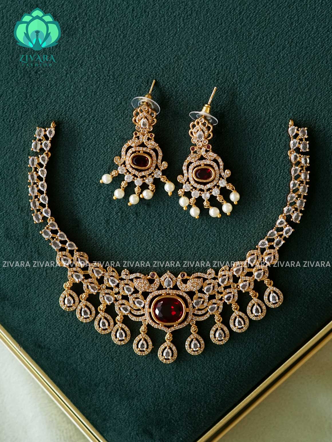 RUBY STONE- Hanging tear - Trending  stylish and minimal elegant neckwear with earrings- Zivara Fashion