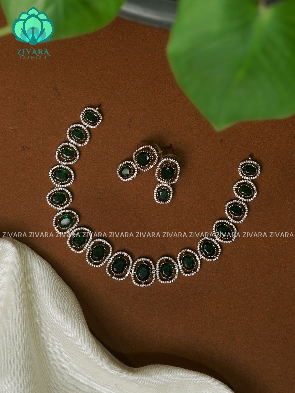 GREEN OVAL STONE -PREMIUM SUBTLE GOLD FINISH  stylish and minimal elegant neckwear with earrings- Zivara Fashion