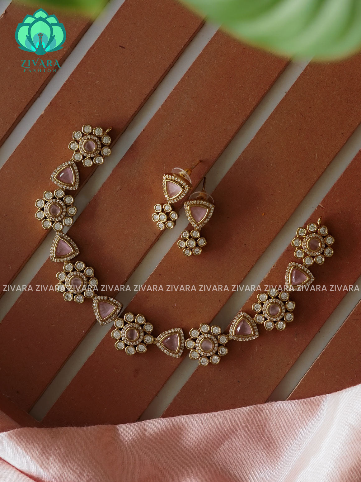 PINK STONE CIRCLE FLOWER - stylish and minimal elegant neckwear with earrings- Zivara Fashion