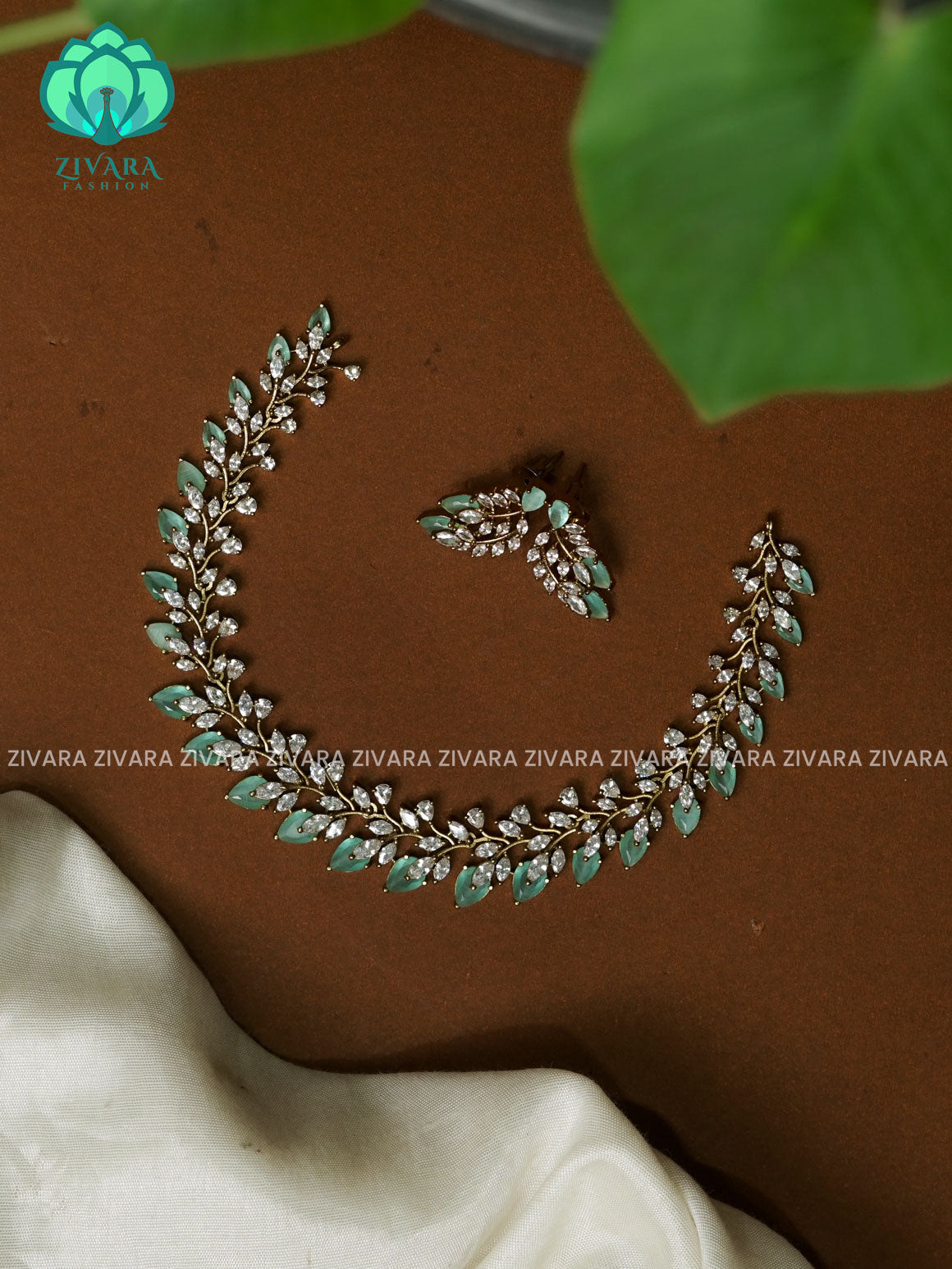 PASTEL GREEN BOLD STONE LEAF  - stylish and minimal elegant neckwear with earrings- Zivara Fashion