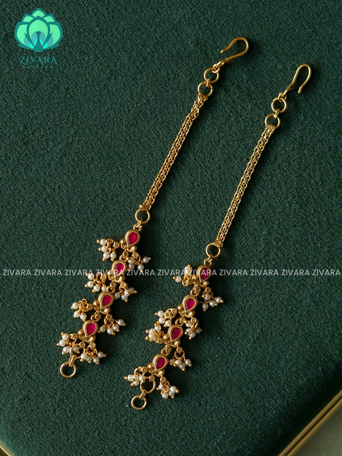 RUBY TEAR Straight bridal earchain maatal- south indian kemp bridal accessory