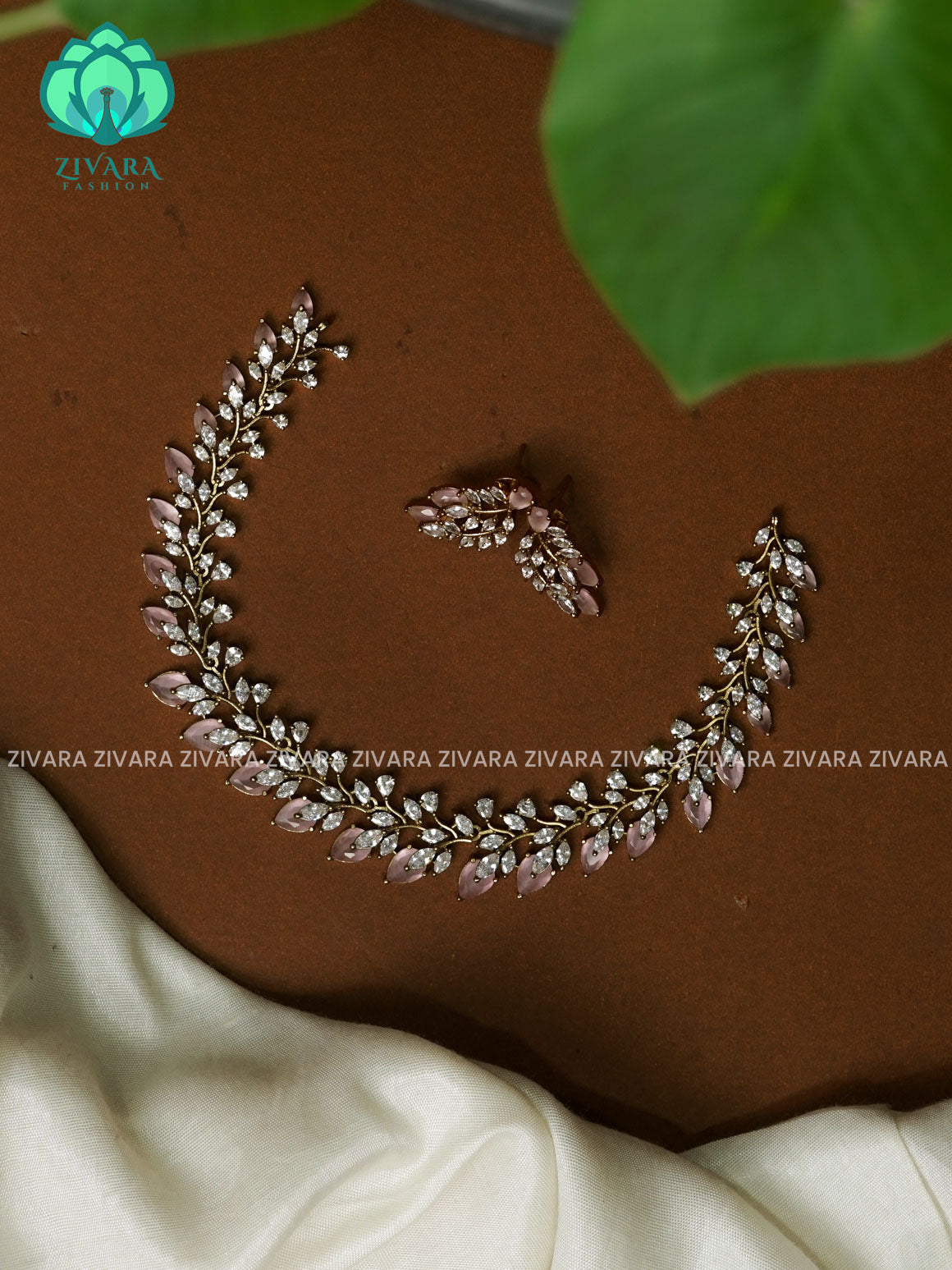 PASTEL PINK BOLD STONE LEAF  - stylish and minimal elegant neckwear with earrings- Zivara Fashion